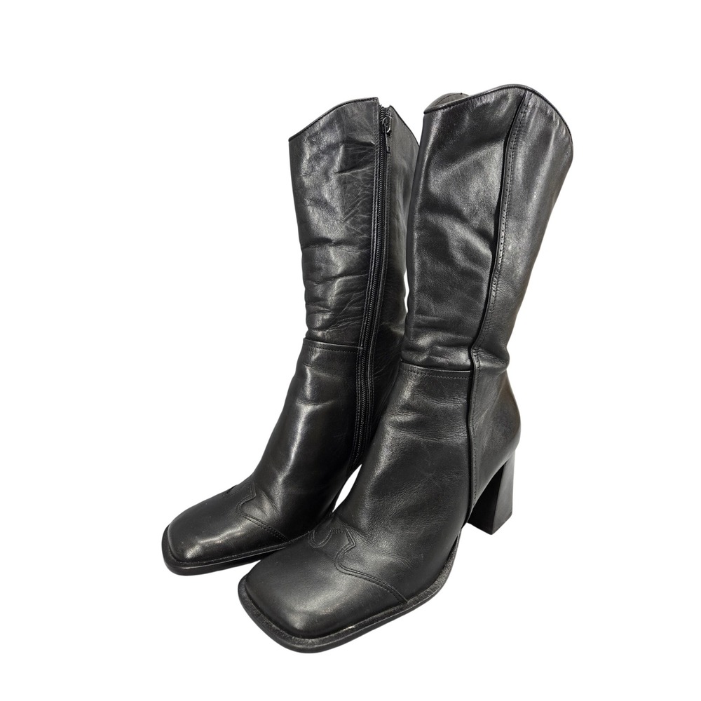 Y2K Maripe Dolly Leather Square Toe Block Heel Boots Womens 8M Black MidCalf Zip
